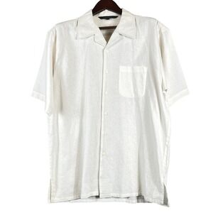 Mens XL Linen Blend Button Up Short Sleeve Camp Shirt Ivory Casual Resort Beach